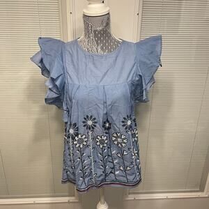 NWT $69 Jennifer & Grace Blue Embroidered Blouse Top Floral Ruffle S